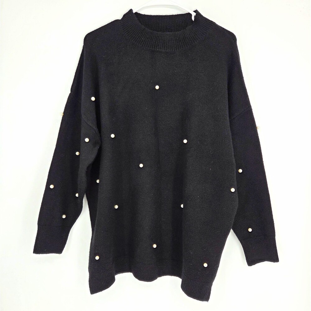 FORE Women's Black Pearl Beaded Knit Mock Neck Sweater Oversized Tunic Sz Small